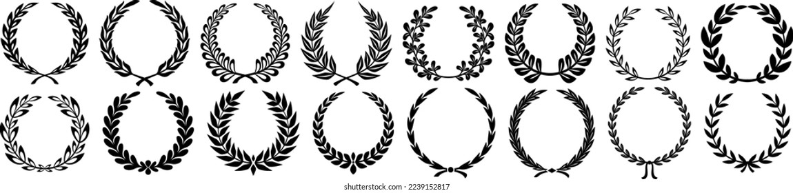Kollektion verschiedener schwarz-weißer Silhouette-Rundlaurel-Blätter, Weizen- und Eichenkränze, die eine Auszeichnung, Leistung, Kräutertrockenheit, Adel darstellen. Vektorgrafik.
