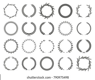 Colección de diferentes hojas de laurel circular en blanco y negro, de trigo y de roble que representan un premio, logro, heralía, nobleza. Ilustración vectorial.