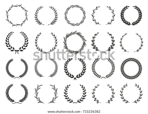 Collection of different\
black and white silhouette circular laurel foliate, wheat and oak\
wreaths depicting an award, achievement, heraldry, nobility. Vector\
illustration.