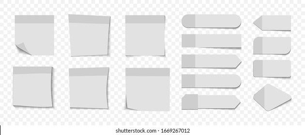 Collection of different  blank stickers. Post note stickers. Sticky tapes with space for text or message. Different sheets of note papers with curled corner. Sticky paper note with tape and shadow