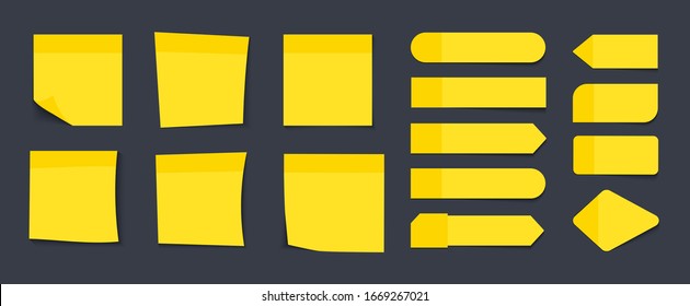 Collection of different  blank stickers. Post note stickers. Sticky tapes with space for text or message. Different sheets of note papers with curled corner. Sticky paper note with tape and shadow