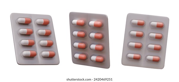 Collection of different blisters with colorful medical products in red and white colors