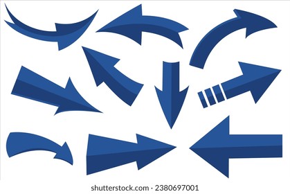 Collection of different blue arrows on white background. Arrow in 3d icons set, blue arrows for app, web and music digital illustration design. Vector illustration