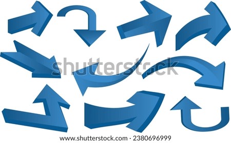 Collection of different blue arrows on white background. Arrow in 3d icons set, blue arrows for app, web and music digital illustration design. Vector illustration