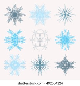 Collection of different blue snowflakes  isolated  on white background.  Winter Frozen Geometric Symbol. 