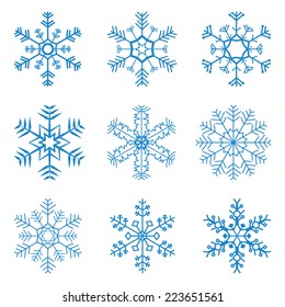 collection of different blue snowflakes on white background