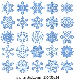 collection of different blue snowflakes on white background