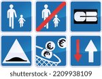 Collection of different blue square road information panels such as the beginning and end of a pedestrian zone, the presence of a retarder, the priority of the traffic route and payment by bank card