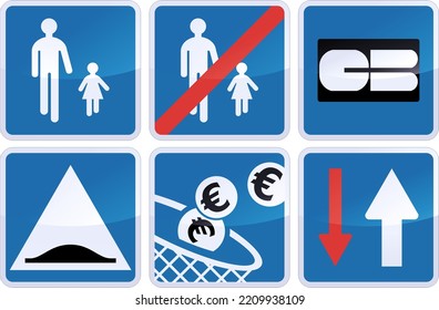 Collection of different blue square road information panels such as the beginning and end of a pedestrian zone, the presence of a retarder, the priority of the traffic route and payment by bank card