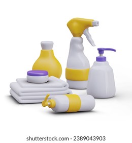 Collection with different bottle spray, different bottles with cosmetic products. Body care, cleaning and washing concept. Vector illustration in 3d realistic style