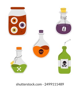 A collection of different bottles with skulls and crossbones
