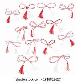 A collection of different bow types made with red and white strings. Red and white thread knotted loops on white background.