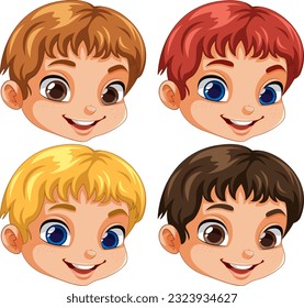 Collection of different boys faces cartoon illustration