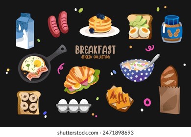 Una colección de diferentes platos. Perfecto para diseños relacionados con la comida y proyectos culinarios. Pegatinas de Vector: croissants, tostadas, huevos fritos, leche, pan y muesli. 