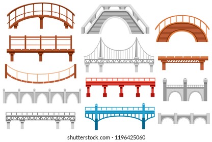 Collection of different bridges. City architecture flat icon. Vector illustration isolated on white background.