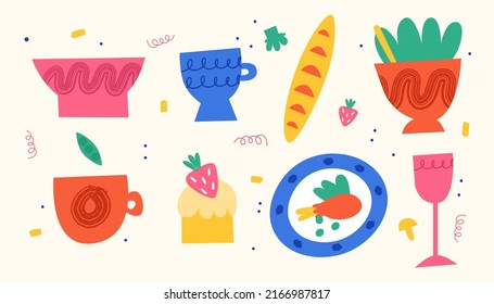 A collection of different bright dishes. Ceramic dishes and food. Vector illustration.