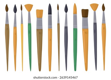 Collection of different brushes for painting. Brushes of different shapes and sizes.  Stationery, accessories for drawing, art.