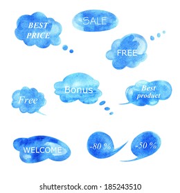 Collection of different bubbles for speech.  Watercolor vector illustration.