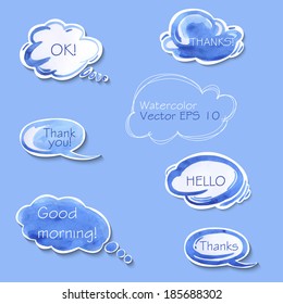 Collection of different bubbles for speech. Watercolor vector illustration.