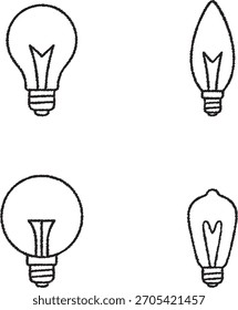 A collection of different bulb shapes drawn in thin lines including classic and modern lamp forms