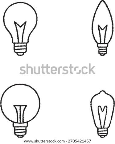 A collection of different bulb shapes drawn in thin lines including classic and modern lamp forms