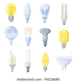 Collection of different bulbs isolated on white background. Vector illustration with set of twelve different shaped electric bulbs