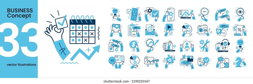 Collection of different business concept scenes and situations. Human hands with icons and images. Taking part in business activities, digital marketing, business concept, workflow scenes.