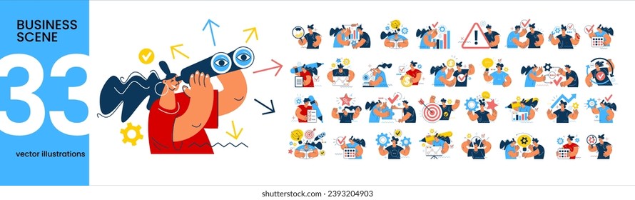 Colección de diferentes escenarios y situaciones de concepto de negocio. Humano con íconos e imágenes. Participar en actividades empresariales, marketing digital, concepto de negocio, escenarios de flujo de trabajo.