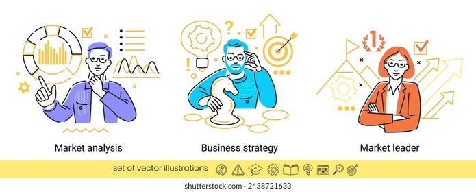 Collection of different business concept scenes and situations. Human with icons and images. Market leader. Business strategy. Market analysis.