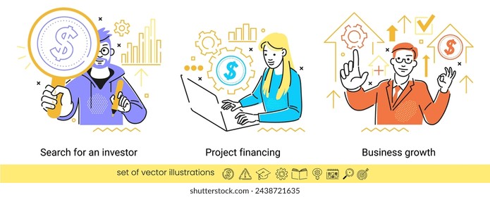 Collection of different business concept scenes and situations. Human with icons and images. Business growth. Project financing. Search for an investor.