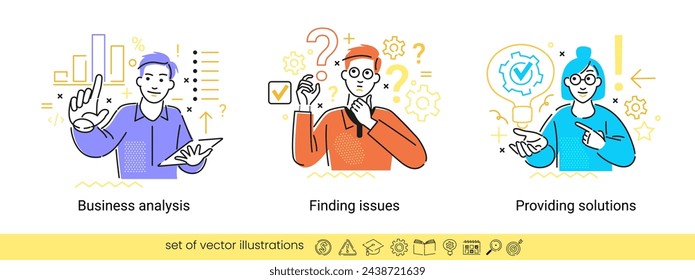 Collection of different business concept scenes and situations. Human with icons and images. Providing solutions. Finding issues. Business analysis.