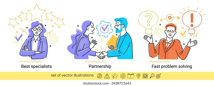Collection of different business concept scenes and situations. Human with icons and images. Fast problem solving. Partnership. Best specialists.