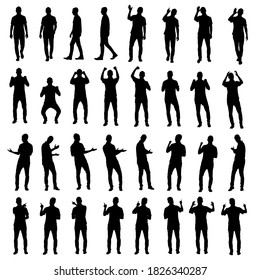 Collection of different business man silhouettes. Cheering excited as fan, using touch screen interface or presenting and welcoming. Easy editable vector isolated on white background.