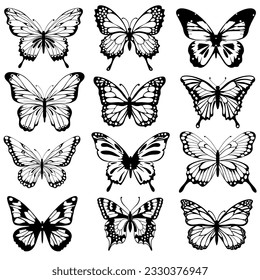 Colección de diferentes mariposas, esbozos de insectos voladores. Ilustración vectorial grabada a mano aislada en fondo blanco