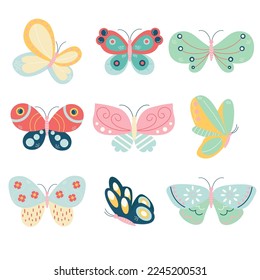 A collection of different butterflies in pastel colors.