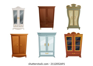 Collection of different cabinets and cupboards in classic style cartoon vector illustration. Wooden wardrobes, old fashioned furniture, vintage stuff isolated on white background. Interior concept