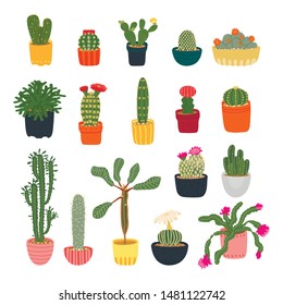 Collection of different cacti isolated on a white background. Houseplants. Blooming cacti. Cartoon cactus set. Vector illustration in flat style.