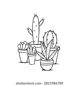 A collection of different cacti and succulents in individual pots, depicted in a simple line art sketch style on a white background.