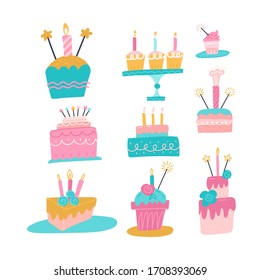 Collection of different cakes with candles. Set holiday icons. Happy birthday, party. Sweets, dessert, chocolate. Flat hand drawn vector illustration