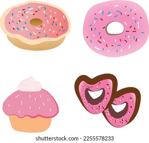 Collection of different cakes isolated on white background. Cartoon style. Elements for greeting cards in vector.