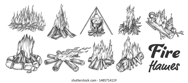 Collection Of Different Campfire Ink Set Vector. Forest Burning Firewood For Cooking Soup Meal. Warming Camping Tourist Campsite Light Element Hand Drawn In Vintage Style Monochrome Illustrations