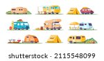 Collection different camping caravan transportation vector flat illustration. Travel car with tent for outdoor summer active leisure isolated. RV camper, motorhome, van, camp trailer, automobile