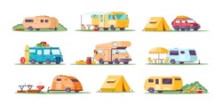 Collection Different Camping Caravan Transportation Vector Flat Illustration. Travel Car With Tent For Outdoor Summer Active Leisure Isolated. RV Camper, Motorhome, Van, Camp Trailer, Automobile