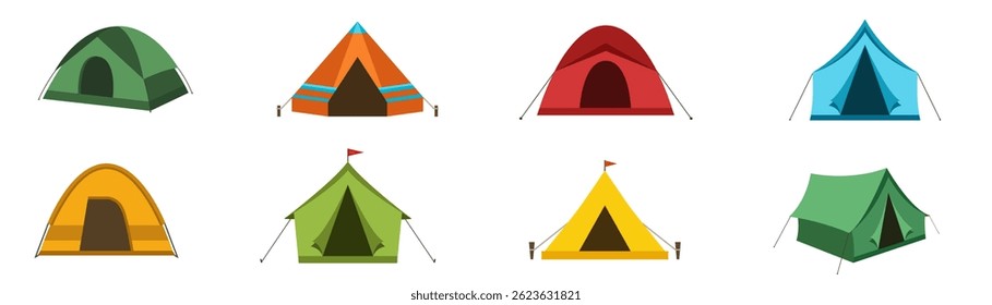 Collection of different camping tent vector icons isolated on white background. Green, blue, orange, red and yellow tourist camp or event tent. Campsite canopy dome or shelter set  illustration.