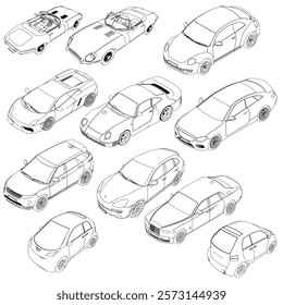 Collection of different car designs, including a sports car, a hatchback, and a convertible. Isometric view. 3D