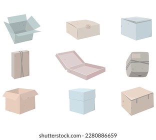 Sammlung verschiedener Kartons auf weißem Hintergrund. Vertikal, horizontal, flach, mit Band. Set von Kartons verschiedener Formen und Größen für Versand, Verpackung, Verschieben. Vektorgrafik