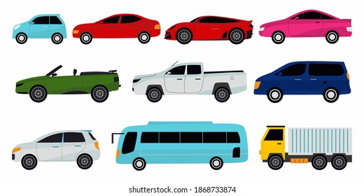 Collection of different cars. Sport car, vintage car, sedan car, cargo truck and bus. Vector illustration for automobile, transportation, vehicle concept.