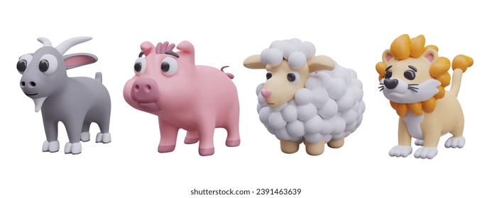 Colección con diferentes animales de dibujos animados. Cabra realista, cerdo rosa, oveja pequeña y león amarillo. Hogar y animal de safari. Ilustración vectorial en estilo 3D