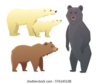 Collection with different cartoon bears isolated on white background. Vector broun and black american bear. Set Wildlife or zoo grizzly.