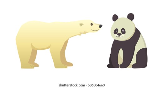 Collection with different cartoon bears isolated on white background. Vector white polar bearand panda.
